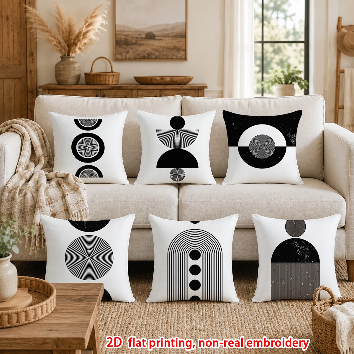1pc  Bohemian Geometric Abstract Throw Pillow Covers, Minimalist Black White Neutral Tone Cushion Cases for Sofa Bedroom