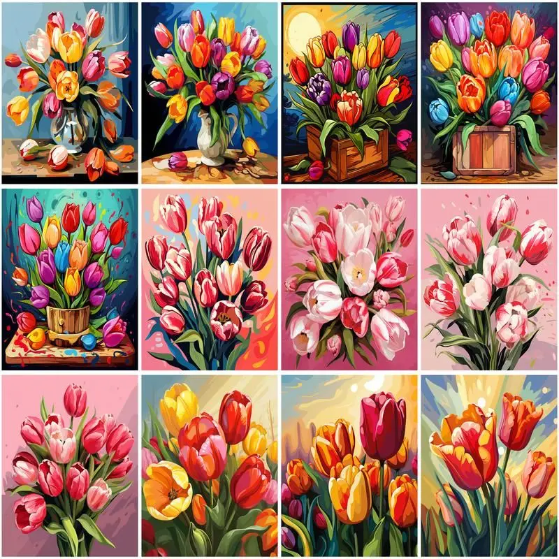 

CHENISTORY DIY Pictures By Number Colored Tulips Kits Painting By Numbers Flower Drawing On Canvas HandPainted Art Gift Home Dec