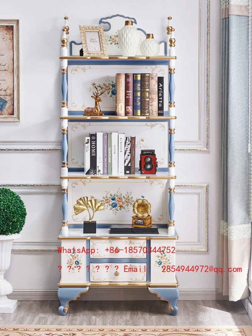 High-end Luxury European Bookshelf Display Cabinet, Retro Shelf, Painted French Cream Style Classical Floor Bookshelf