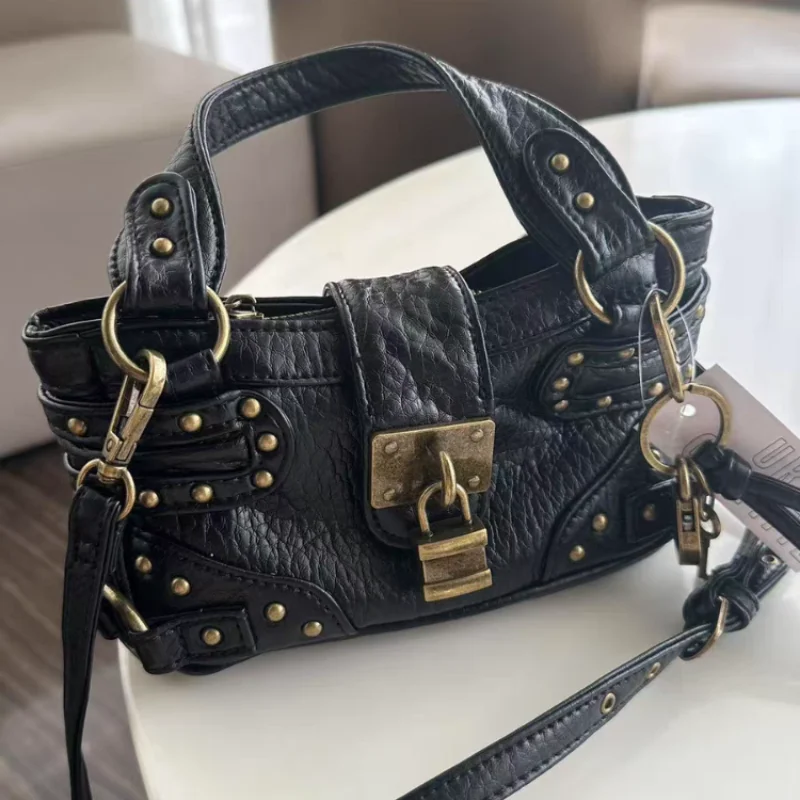 

Brand Rivet Handbag Vintage Shoulder Bag Padlock Buckle Long Shoulder Strap Sling Bag Motorcycle Biker Women Mini Black Wallet