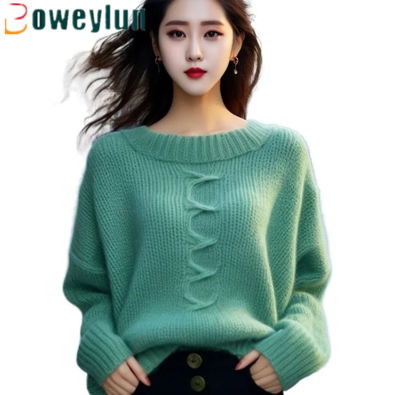 

Boweylun New Solid Colour Long-sleeved Knitted Jumper Autumn and Winter Women Korean Round Neck Pullover