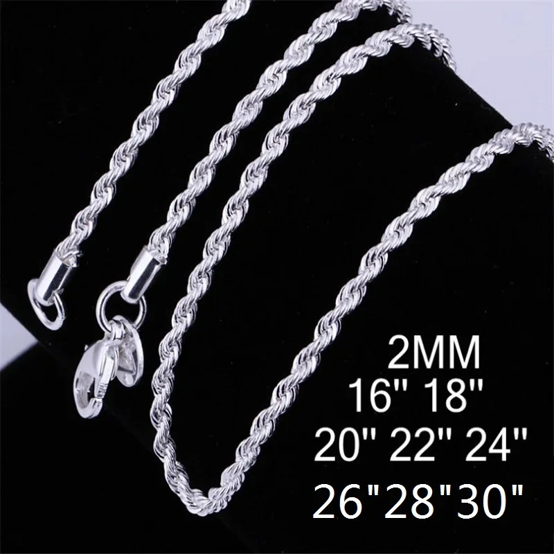 Collar de cadena de cuerda de Plata de Ley 925 para mujer, accesorios de moda para fiesta, regalos de joyería, 2MM, 16-30 pulgadas