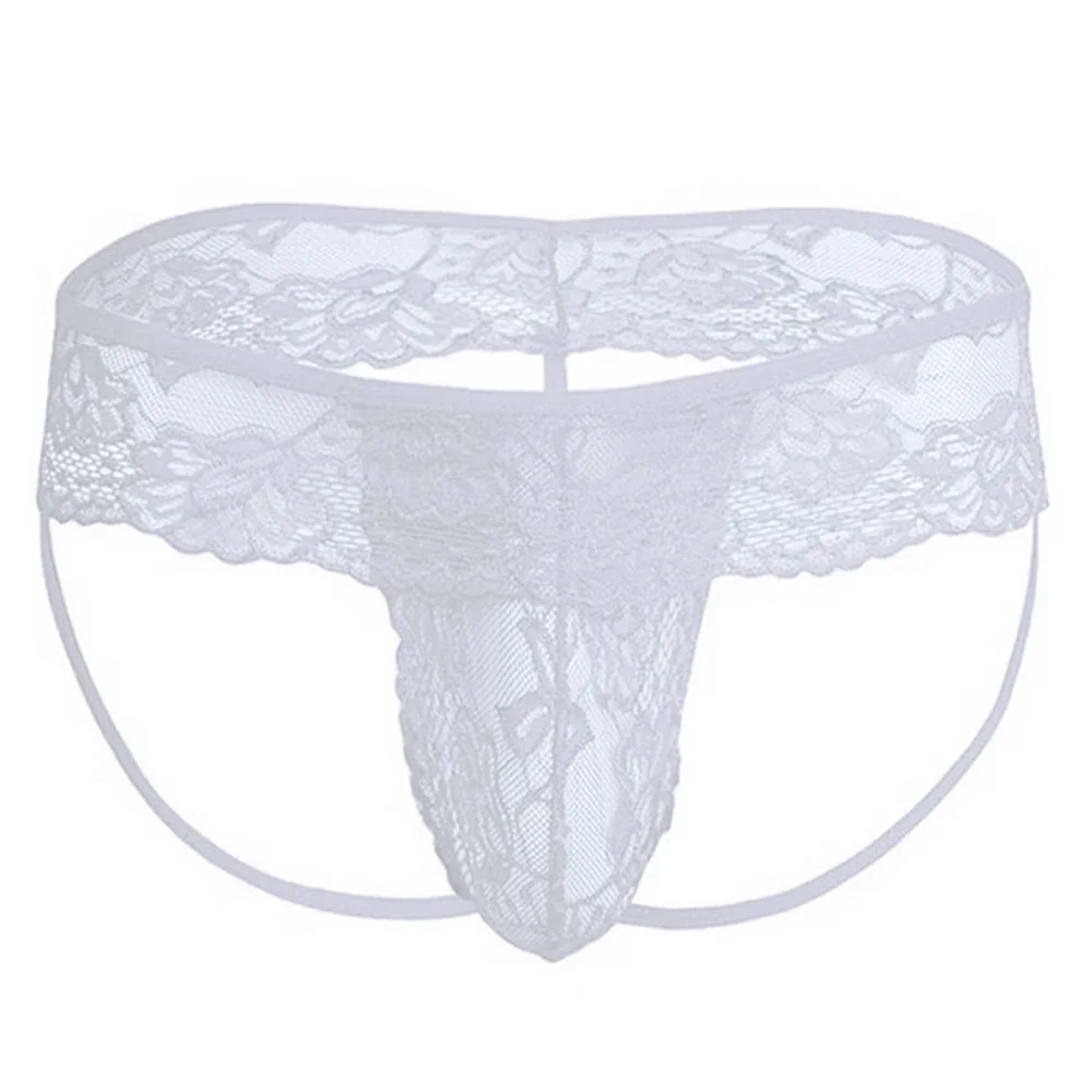 1pc Sexy Men\'s See Through U-Convex Pouch Thongs Briefs Underwear Solid Color Sissy Male T-back Lace G-Strings Panties