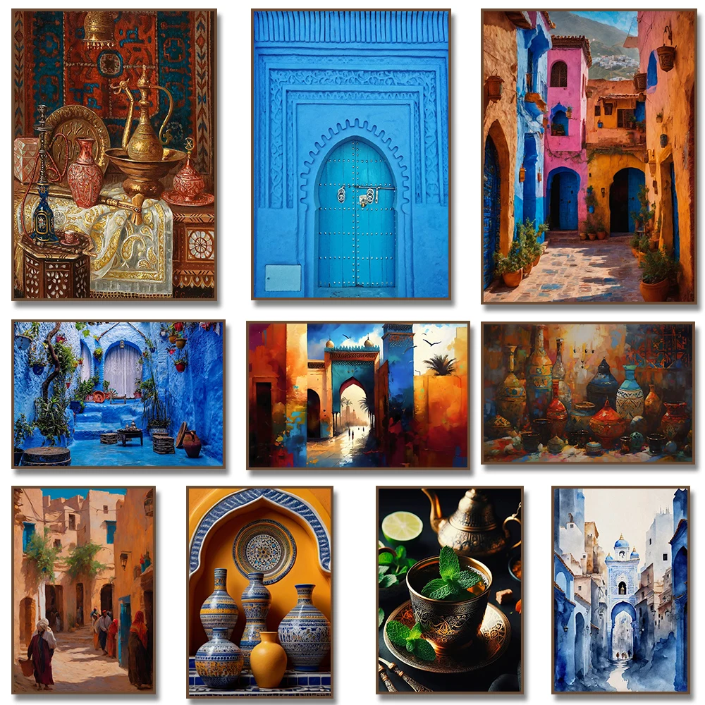 Morocco Travel Marrakesh Photography Art Poster Canvas Painting Print Old City Blue Architecture Desert Wall Pictures Home Decor