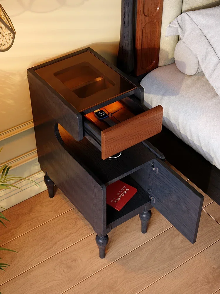 

French retro ash wood small narrow side bedside table sofa crevice rack