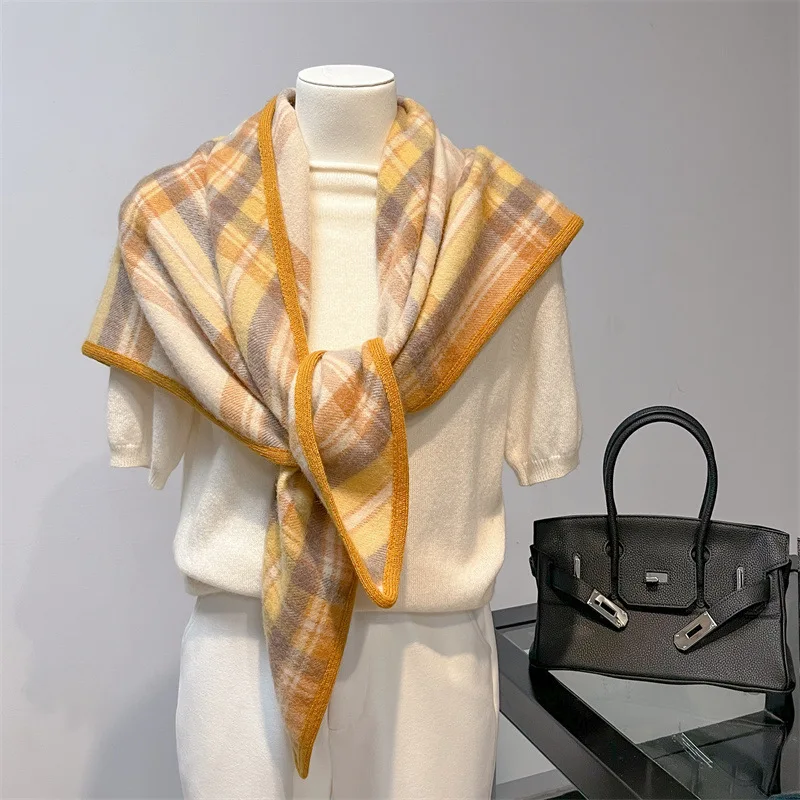 

100% Wool Winter Scarves Woman Yellow Plaid Triangle Scarf Versatile Pure Wool Elegant Womens Shawl Ladies Winter Accessories