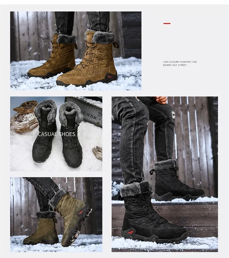 New Winter Men Snow Boots Fur Plush Warm Men Ankle Boots Plus Size Waterproof Men Boots Outdoor Non-Slip Hiking Boots Work Shoes