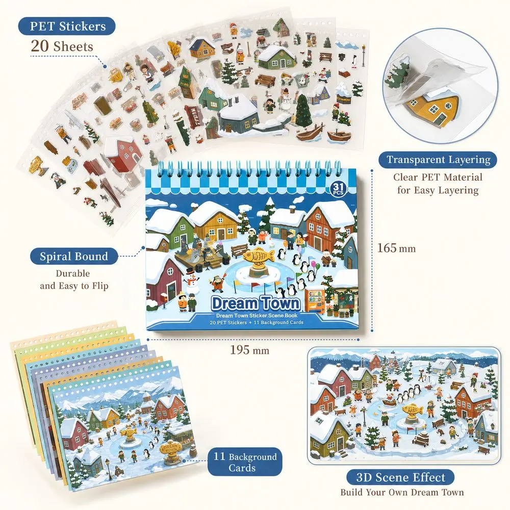 Kawaii Design 3D Scenery Stickers Spiral Bound Pre Cut Stickers Shop Scene Sticker Repositionable Cartoon Pattern