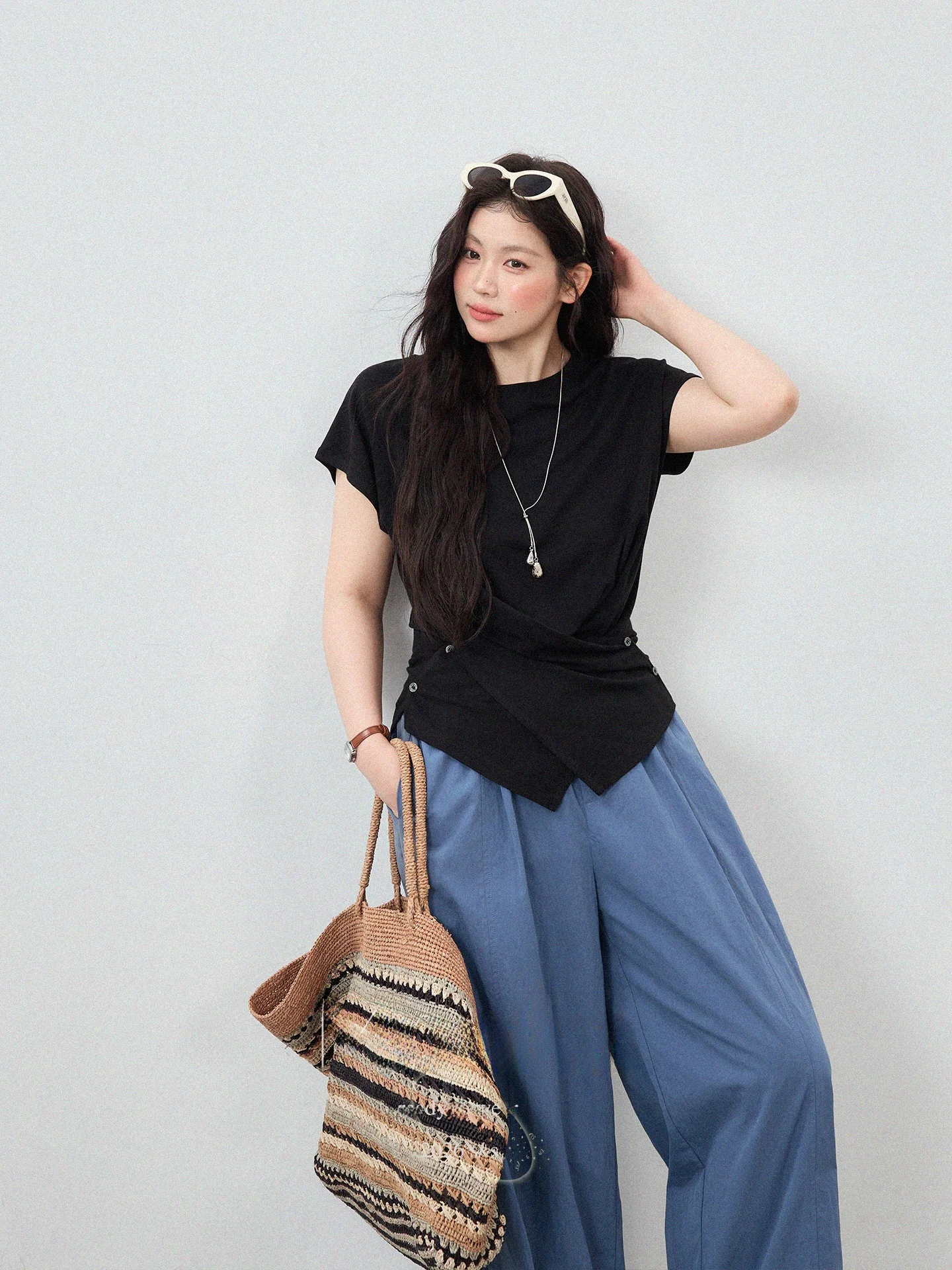 Casual Style plus Size Women's T-Shirt Short Sleeve Waist-Cinching Korean Design Simple Summer Top Breathable Cotton Tee