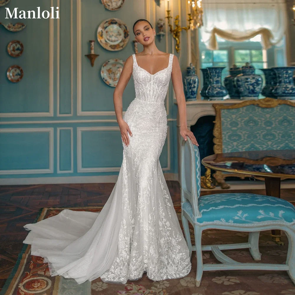 

Manloli Modern Luxury V-neck Mermaid Wedding Dress Lace Decals Shoulder Straps Bridal Gown Backless Vest Customization