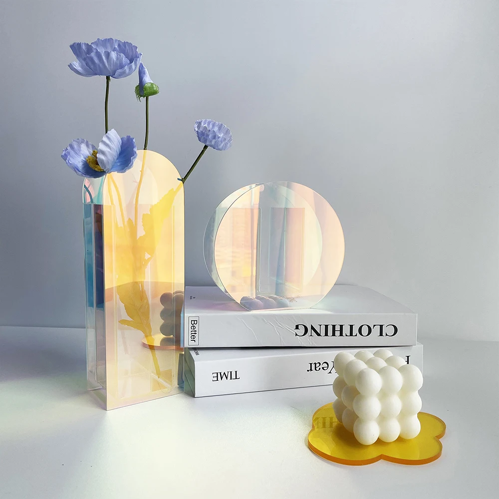 Rainbow Color Acrylic Vases Plastic Transparent Geometric Shape Flower Container Multi-Color Living Room Desktop Decor