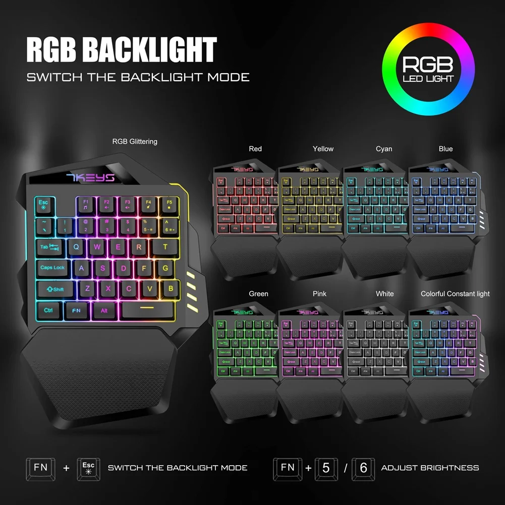 & Top One Hand Wireless Gaming Keyboard RGB Backlit Portable Mini Keyboard Game Controller for PC Gamer
