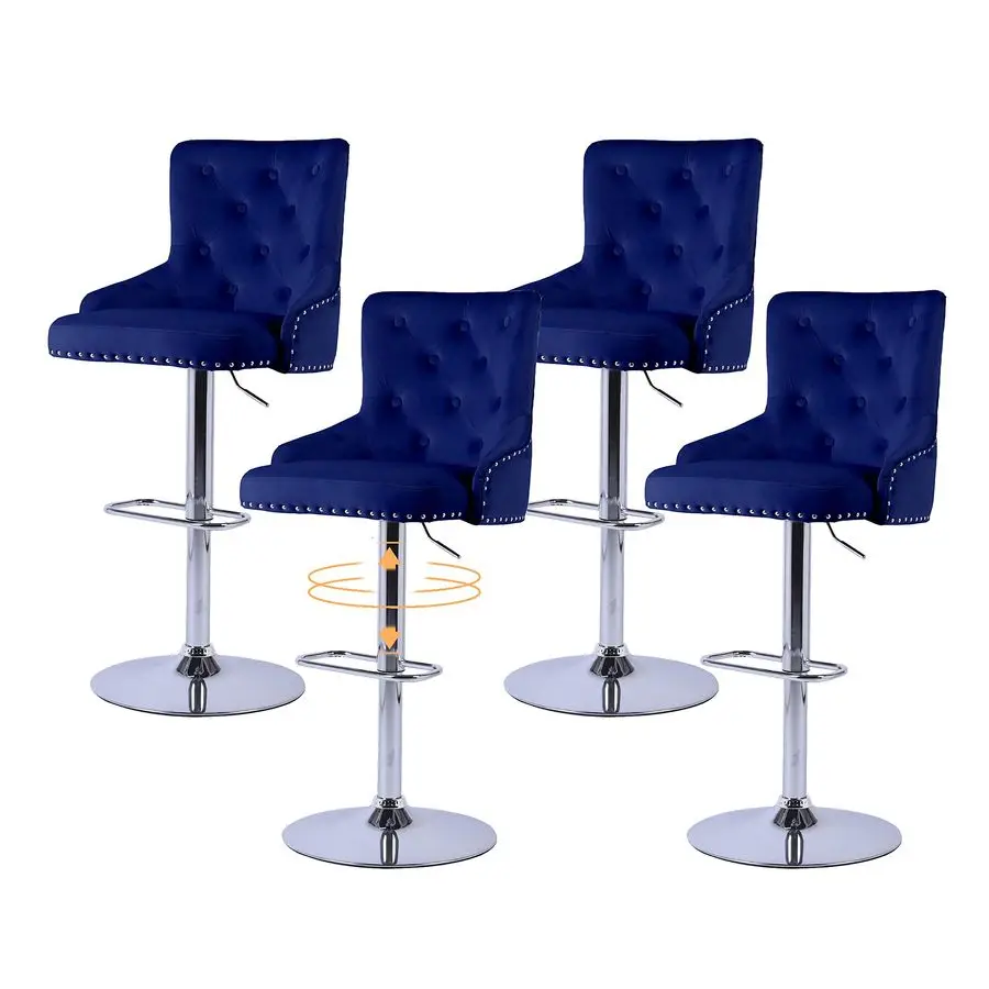 

Набор из 4 барных стульев, темно-синие барные стулья с регулируемой высотой и поворотным механизмом, барные стулья с обивкой из вельвета с эффектом тафтинга, со спинкой и подставкой для ног.