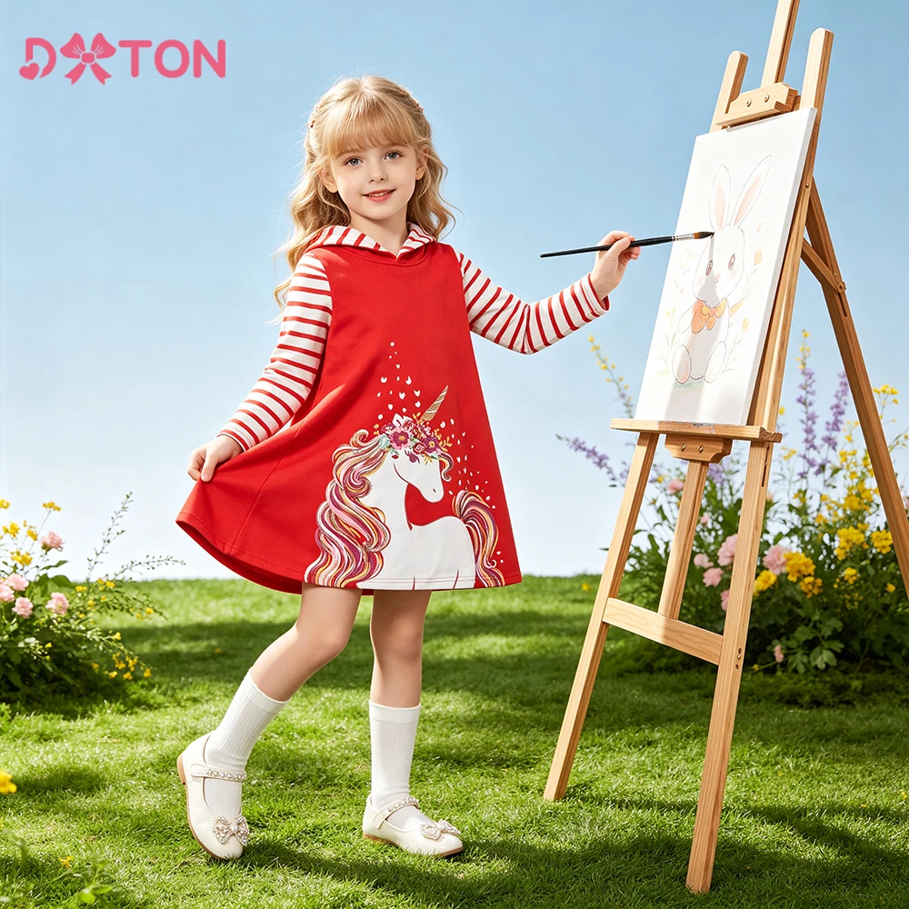 DXTON Kinder-Outfits mit Kapuze, gestreift, Einhorn, Mädchen-Kapuzenpullover, Kleid, Baumwolle, Baby-Kleidung, Herbst, Schule, lässig, Cartoon-Kostüme