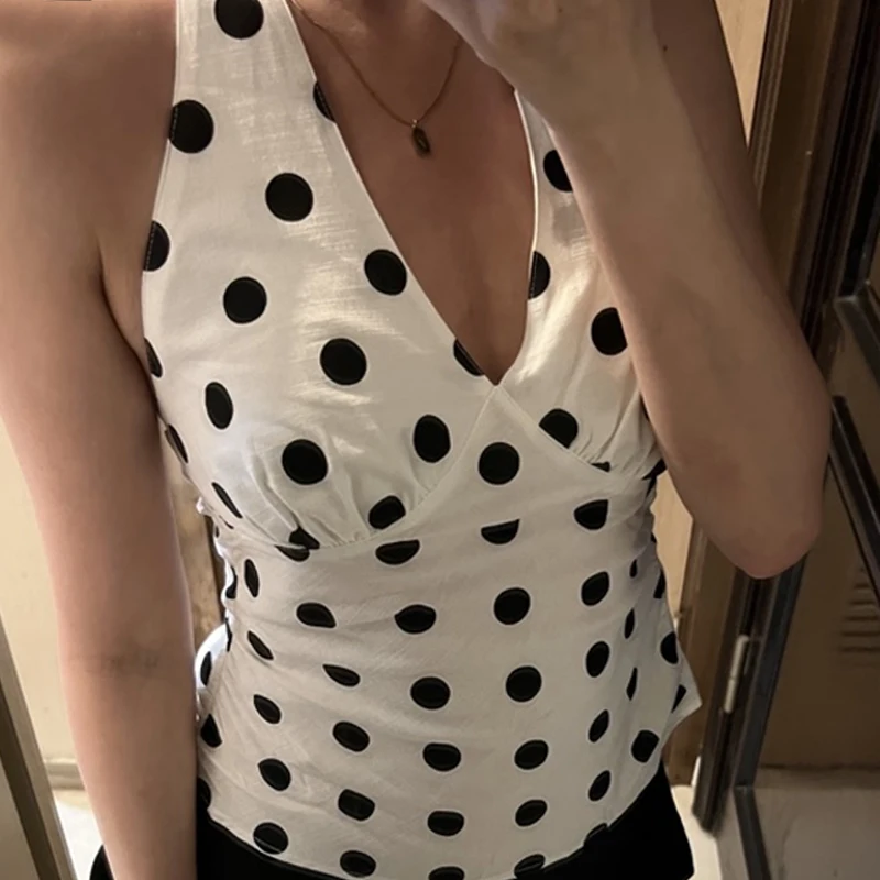 Low-Neck Off Polka Dots Tank Tops Vest Y2K Sexy Women Shoulders Backless Street Fashion Versatile Style Ruched Elegant Camisole