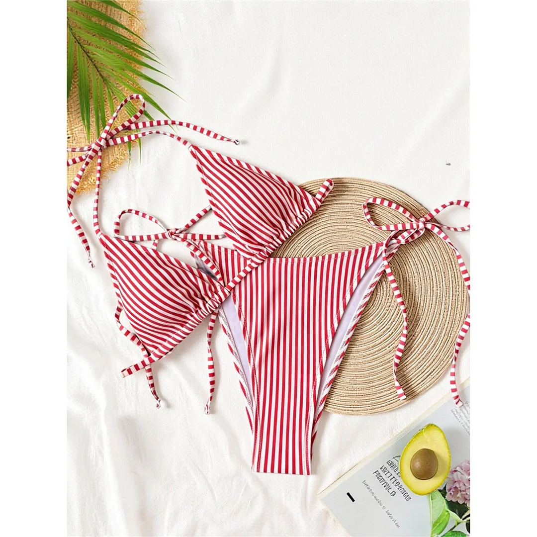 S - XL Gestreifter Neckholder-Bikini, Damen-Badeanzug, zweiteiliges Bikini-Set, hoch geschnittene Beine, Badebekleidung, Badeanzug, Schwimmbekleidung V8527 – Detail 26