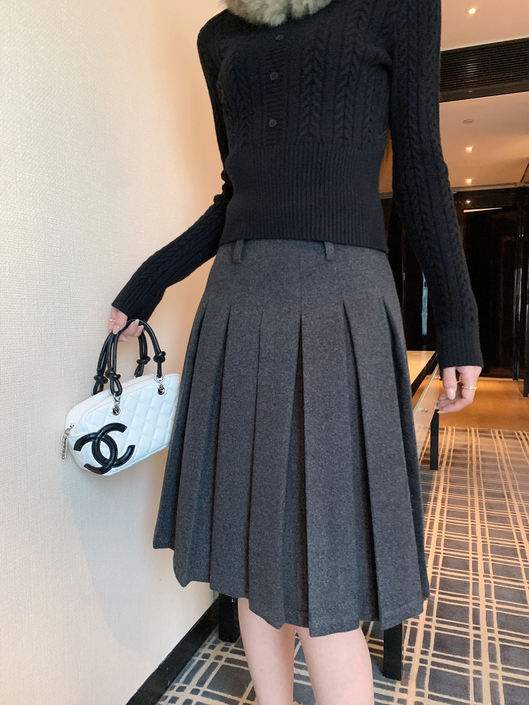 

Sam Seoi Korean Sle High Waist A-Line Skirt Tweed Slim Fit Fine Plaid Mid-Length Women's Casual Skirts