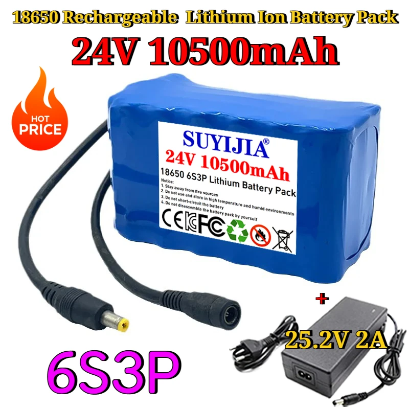 

100% новый литиевый аккумулятор 24В 10.5Ач 6S3P 18650, 25.2В 10500мАч, электрический/литий-ионный аккумуляторный блок + зарядное устройство 25.2В 2А (ЕС или США)