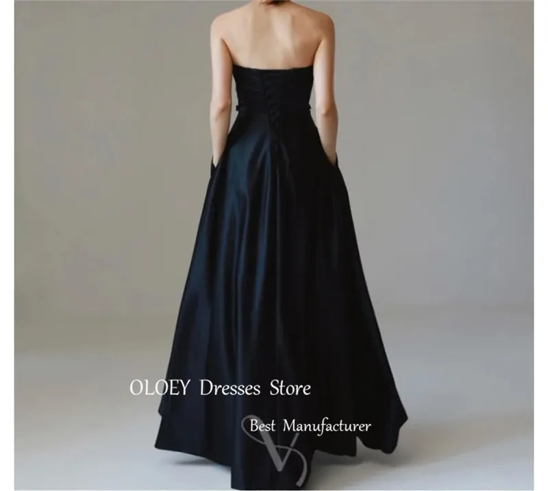 OLOEY-Vestidos de Noche negros simples con bolsillos para sesión de fotos de boda de Corea, vestido de fiesta Formal de satén sin tirantes, corsé en la espalda