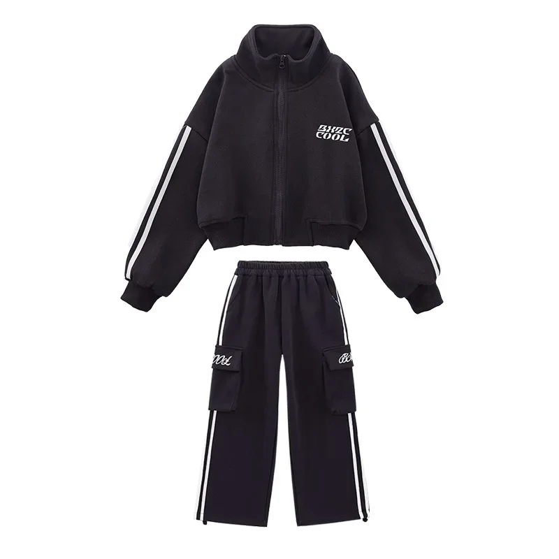 Girls Jazz Modern Dance Costumes Loose Casual Jacket Tops Side Striped Sweatpant Set Streetwear Hip Hop Stage Performance Wear image 6