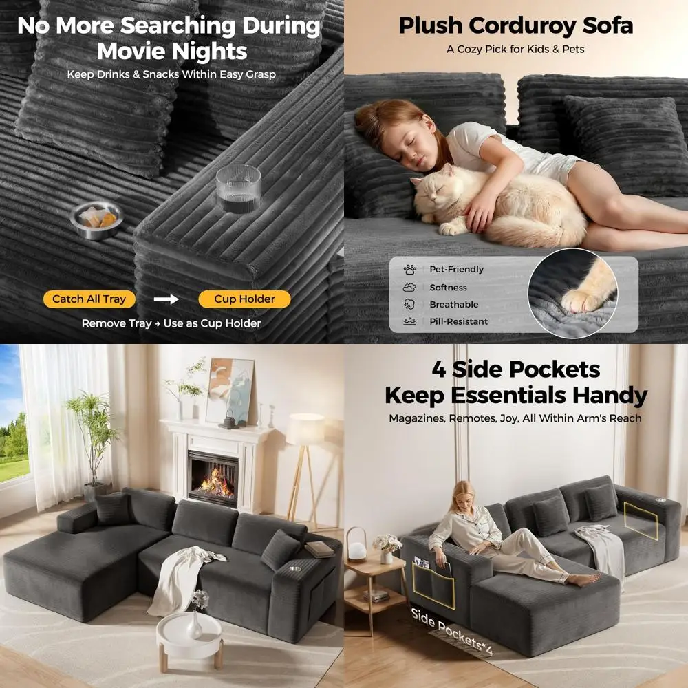 

Угловой диван-трансформер 108 One-Box Cloud с глубоким сиденьем, вельветовая ткань, L-образный дизайн, 4 кармана для хранения, серый шезлонг