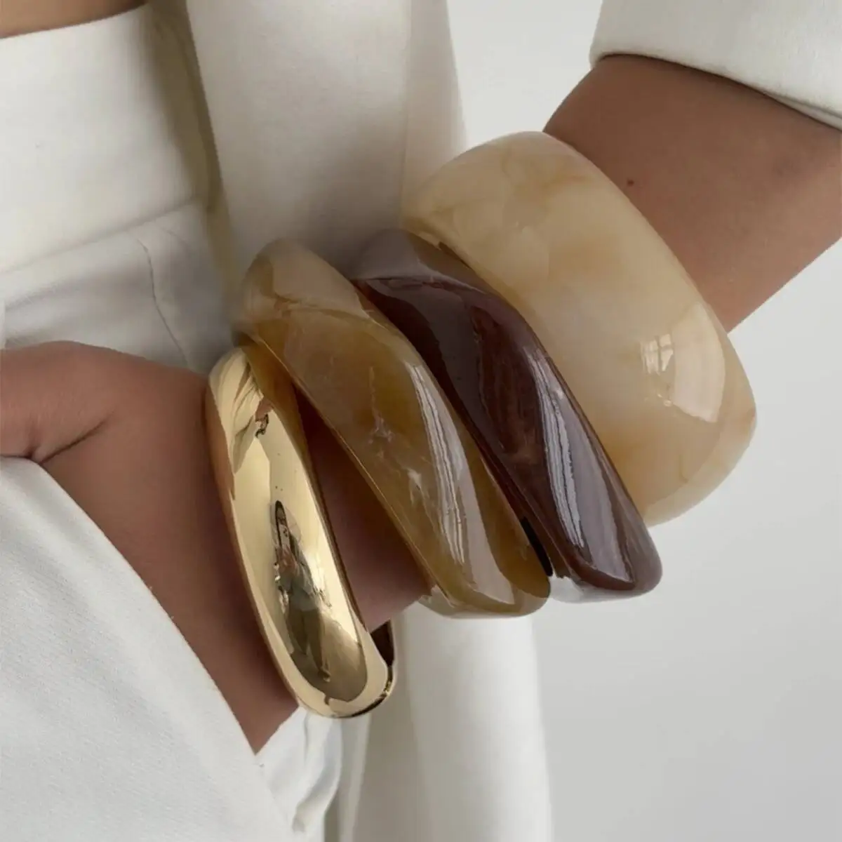 KunJoe Trendy Irregular Thick Resin Acrylic Cuff Bracelet for Women Vintage Gold Color Metal Stackable Wide Bangle Party Jewelry