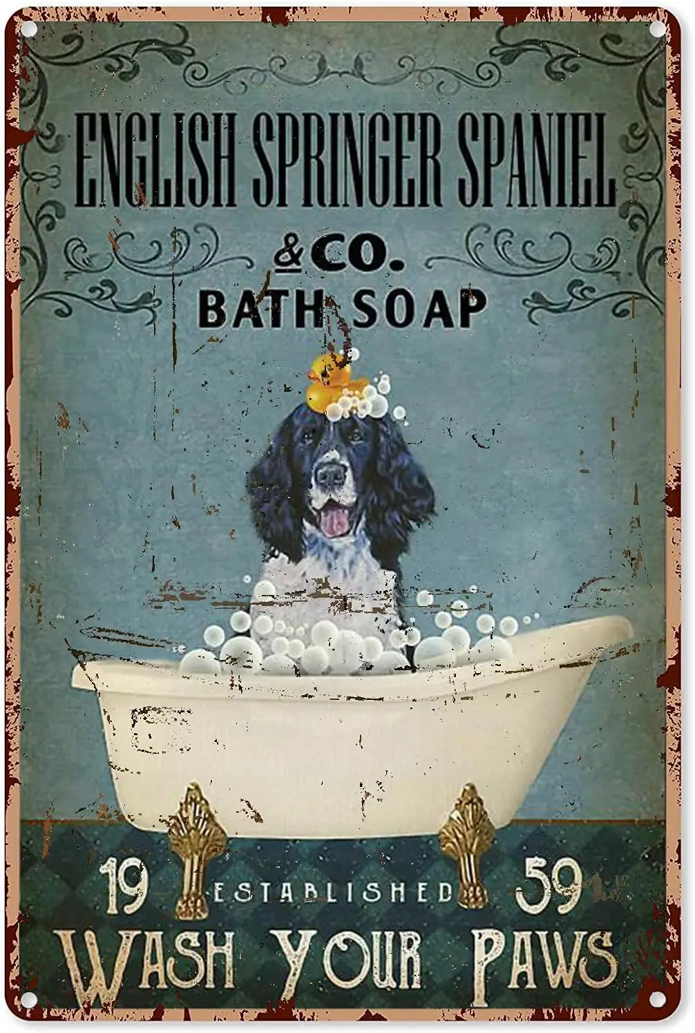 Vintage Signs Metal Signs English Springer Spaniel Co. Bath Soap Wash Your Paws Tin Sign Wall Art Metal Poster for Home Bar Cafe