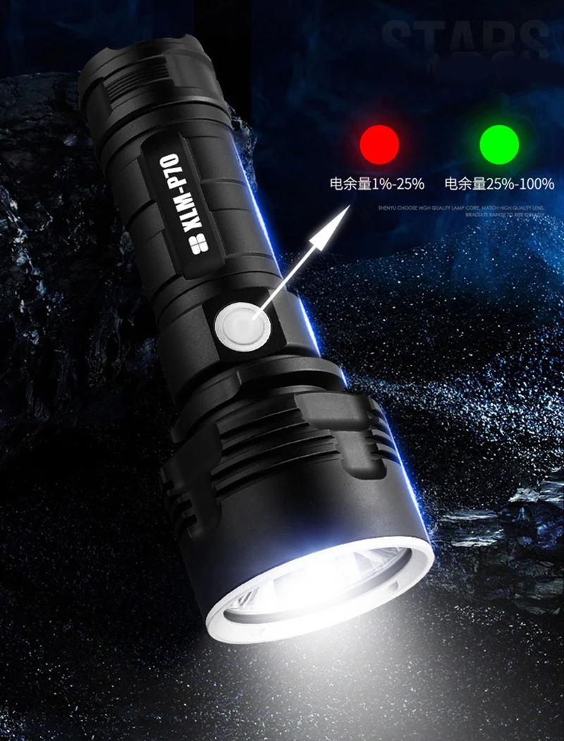 P70 Super Bright Led Flashlight  High Power Camping Light USB Rechargeable Flashlight Waterproof Light  Long Battery Life