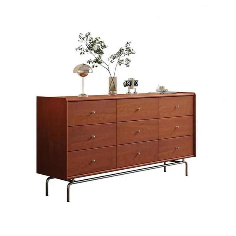 us-Modern Five-Drawer Adjustable Solid Wood Storage Cabinet with Hinges Cherry Wood Color Small Apartment Living Room-