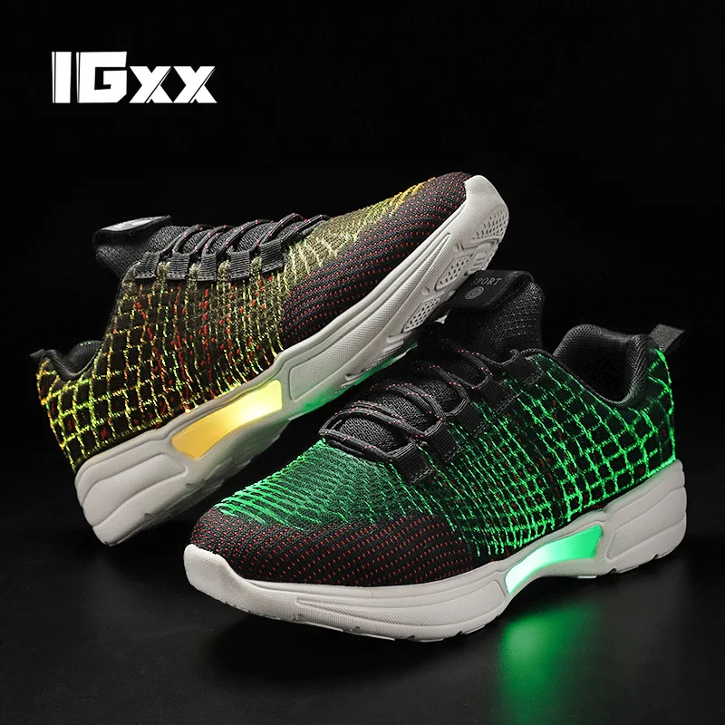 

IGxx OPTIC LED Shoes Light For Men LED Light up Sneakers USB Recharging Fiber OPTIC Cloth Elastic Sole Glowing Luminous Flashing