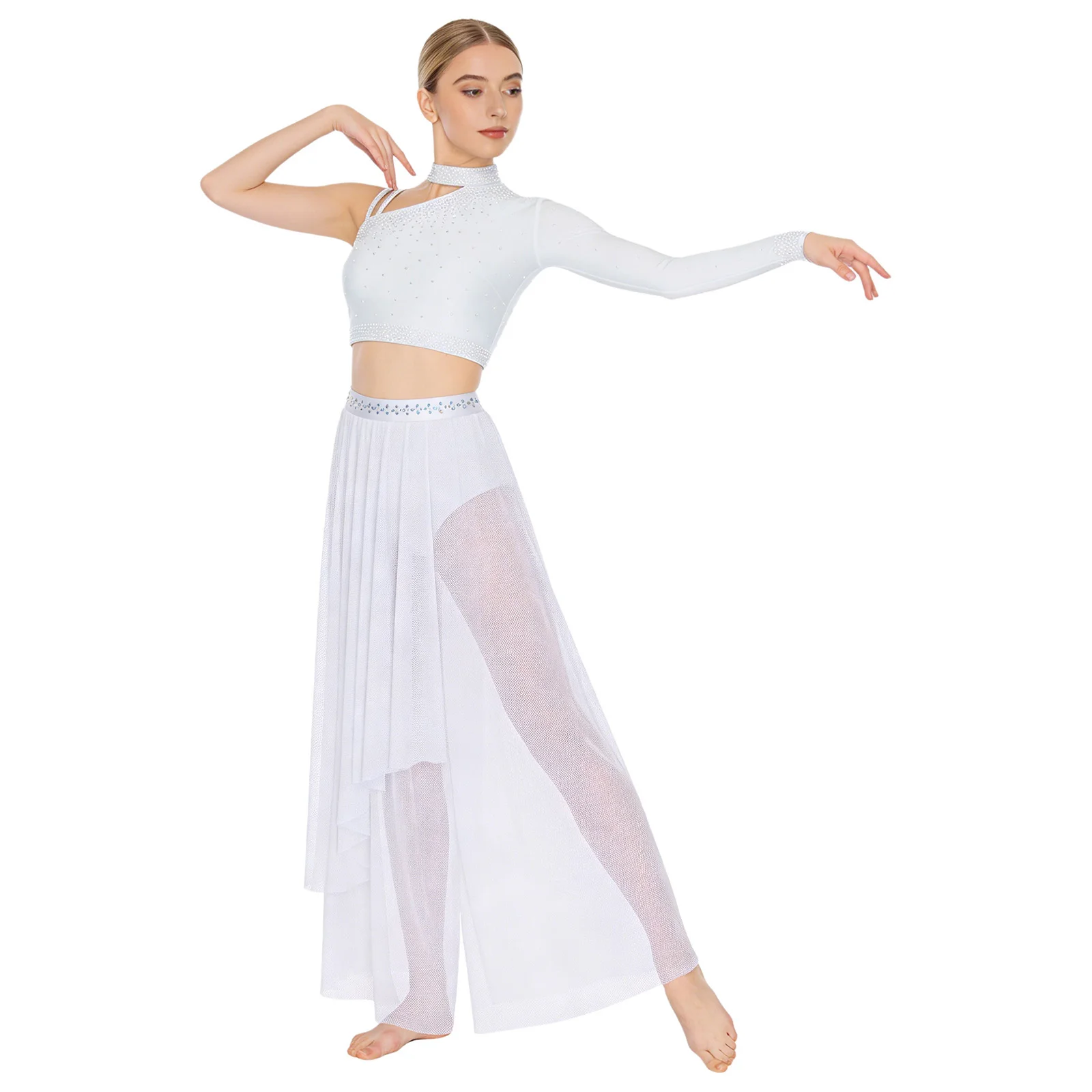 

Women Lyrical Modern Dance Costume Skating Ballet Dance Set Asymmetrical Rhinestone Crop Top And Irregular Built-in Briefs Pants