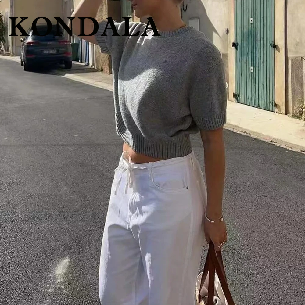 KONDALA 2025 Fashion Summer Knit Streetwear Women Sweaters Fashion Casual O-Neck Solid Slim Half Sleeve Elegant Ladies Sweaters