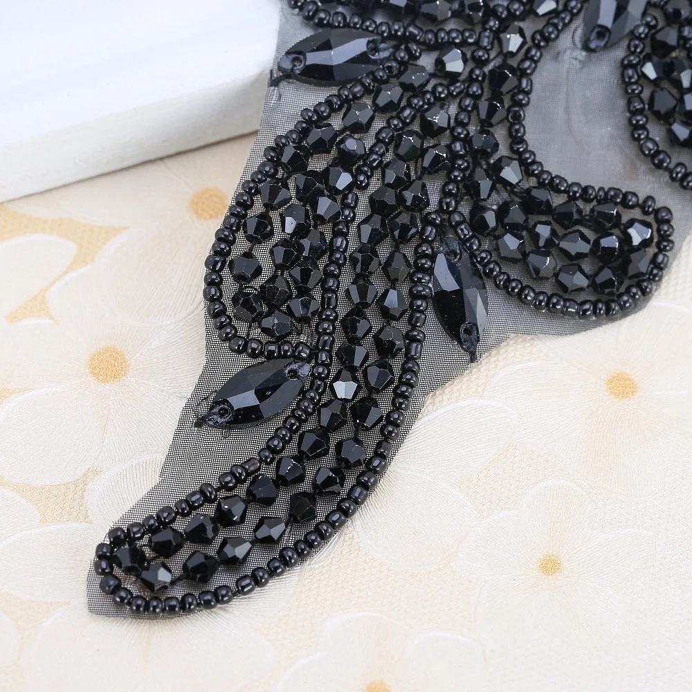 FZD 1 PC Black Crystal Rhinestone Applique Welding Flower Patch Sew on Wedding Dress Sleeves Accessories Rhinestone Applique DIY