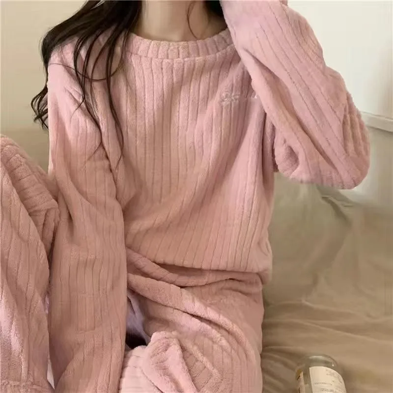 Casual Sleepwear Women Pajama Sets Winter Warm Piiama Fleece Night Wears Sets for Women 2 Pieces Embroidery Solid Home Suit 2024