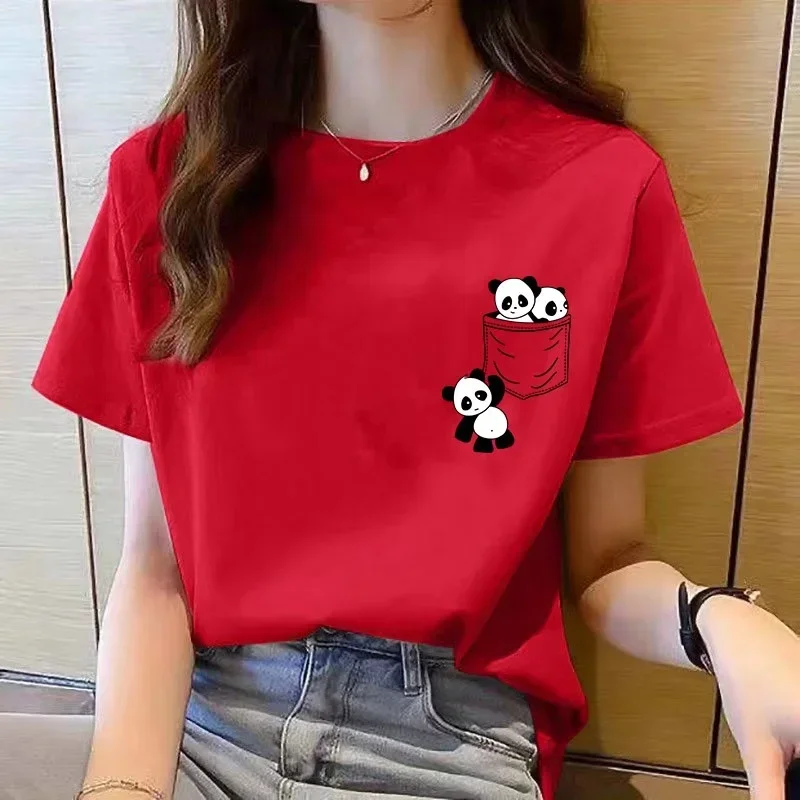Camiseta de Manga Corta para Mujer, Verano, Nueva, con Bolsillo, Estampado de Panda de Dibujos Animados, Moda Coreana, Tops Holgados con Cuello Redondo