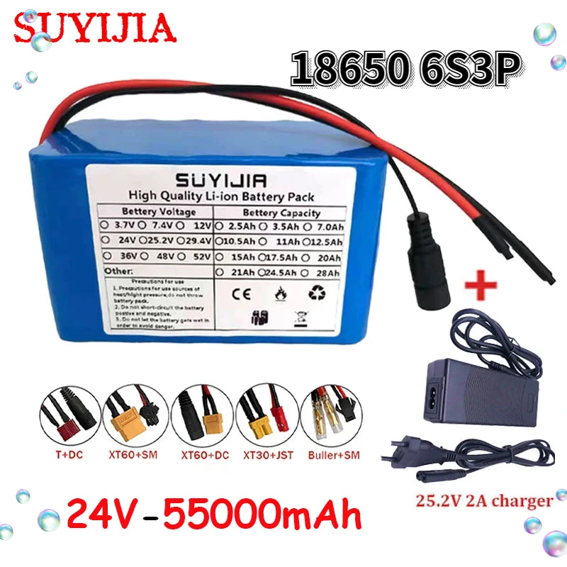 

18650 6S3P 55000mAh 24V Rechargeable Li-ion Battery Pack Electric Bicycle Moped Built-in BMS +25.2V2A Charger Backup Battery