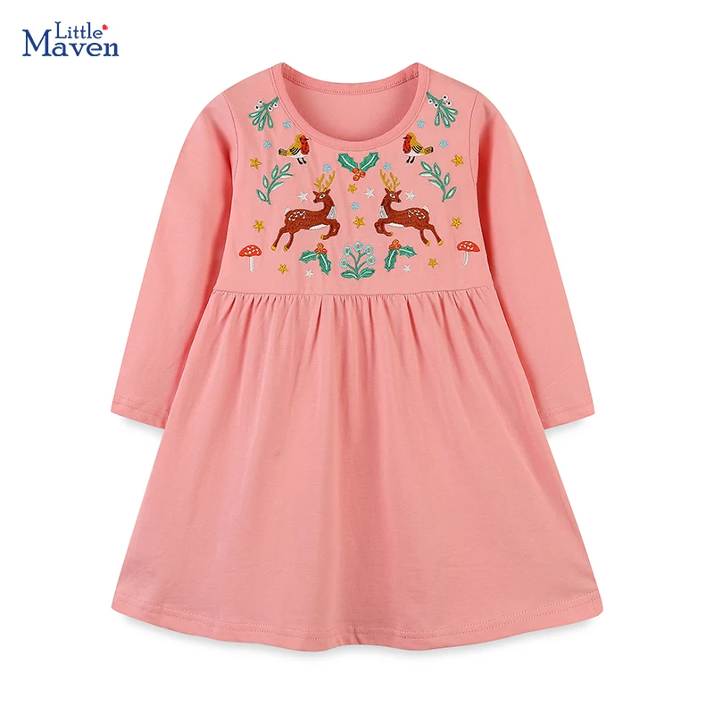 

Little maven Baby Girls Long Sleeves Dress Pink Christmas Embroidery Deer Children Casual Clothes New Fashion for Kids Costumes