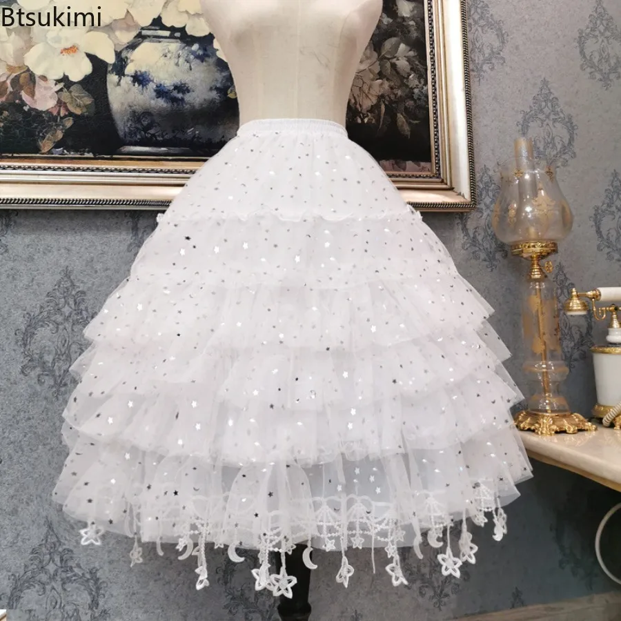 2026 Women's Lolita Crinoline Petticoat Short Fluffy Skirt Star Moon Tassel Adjustable Fishbone Crinoline for Wedding Bridal