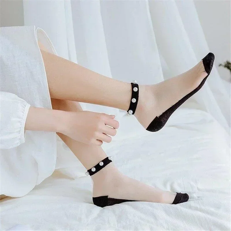 

1Pairs Fashion Summer Women's Socks Ankle Breathable Thin Pearl Summer Transparent Glass Fiber Silk Cotton Socks Lace Accessory