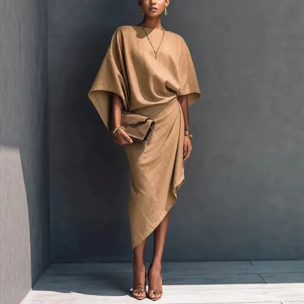 2026 Summer New Batwing Sleeve Solid Long Dress Women Fashion Loose Casual Maxi Dress