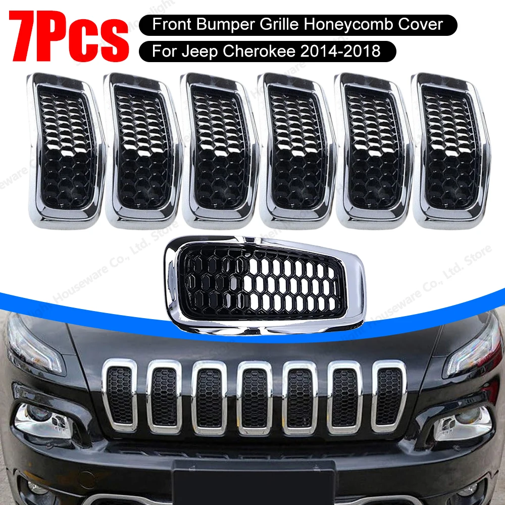 

7Pcs Front Bumper Grill Inserts Front Mesh Grille Cover Trim Decor Breathable Bumper for Jeep Cherokee 2014-2018 Accessories