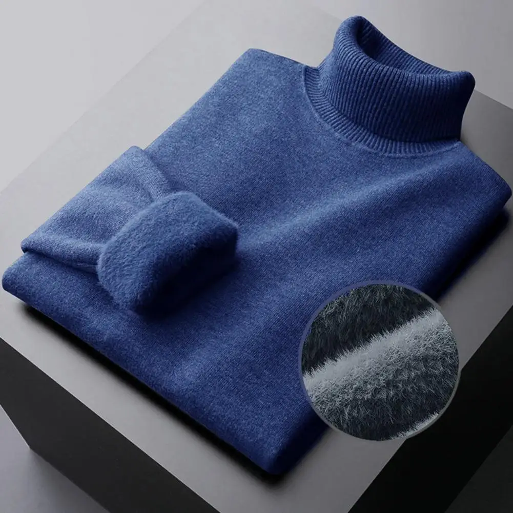 Men Winter Sweater Men's Half-high Collar Knit Sweater with Plush Lining Elastic Long Sleeves Solid Color Design Warm for Daily