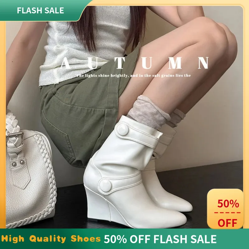 Women Pointed Toe Button Wedge Ankle Boots 8.5CM Microfiber Short Boots TPR Anti Slip Cowhide Insole Daily Fashion Footwear F270
