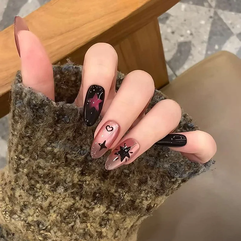 24Pcs Sweet Cool Star Heart Fake Nail Tips Fashion Cat's Eye Wearable Nails Art Almond Mid-length Acrylic Press on Finger Nails
