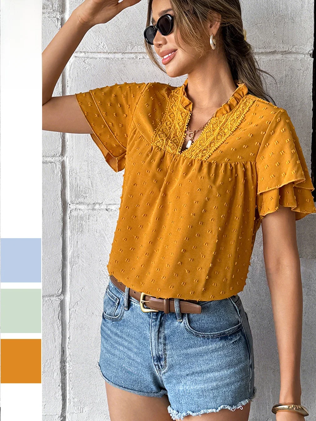 قميص أنيق للعطلات بفتحة رقبة عميقة على شكل حرف V، بأكمام قصيرة وقصة مستقيمة، مناسب للتنقل اليومي، مصنوع من ألياف البوليستر، ل...