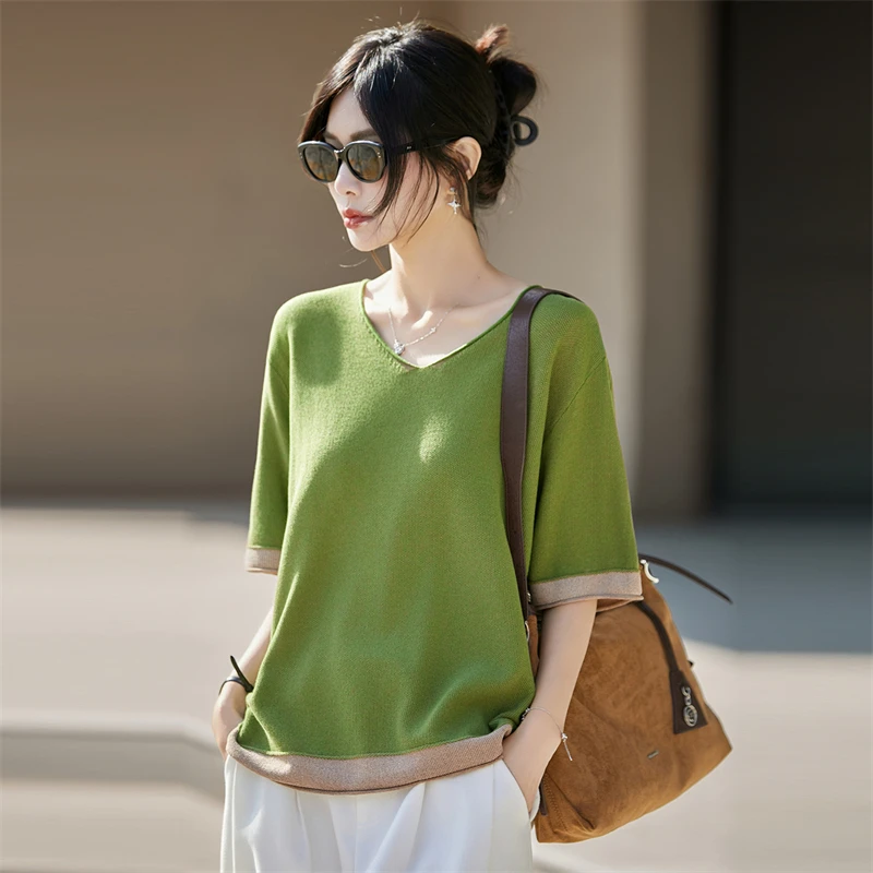 Women's Fashion Half Sleeve Knitted V-neck Thin Loose Summer Color blocked T-shirt Breathable and Comfortable Top