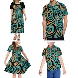 2024 New Family Set Custom Polynesian Party Dress Shirt Vintage Tribal Ethnic Print Mumu Puffy Sleeve Dress