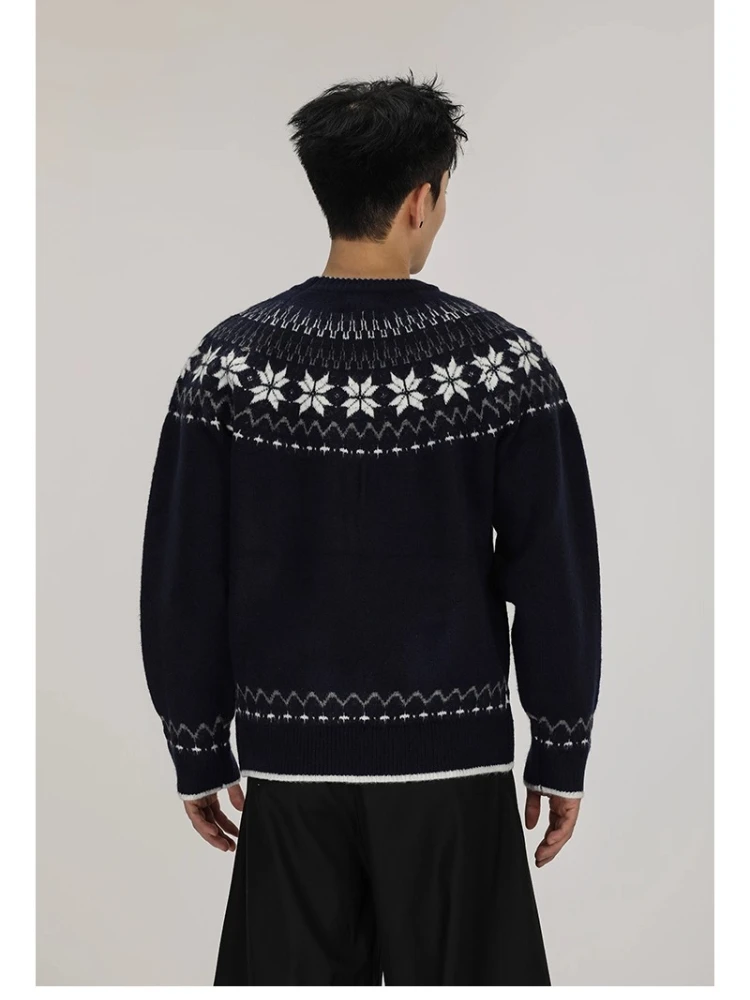 Vintage Fair Isle Cleanfit Sweater Men Snowflake Jacquard Oversized Knit Slouchy Sweater Retro Geometric Pattern Knit Coat