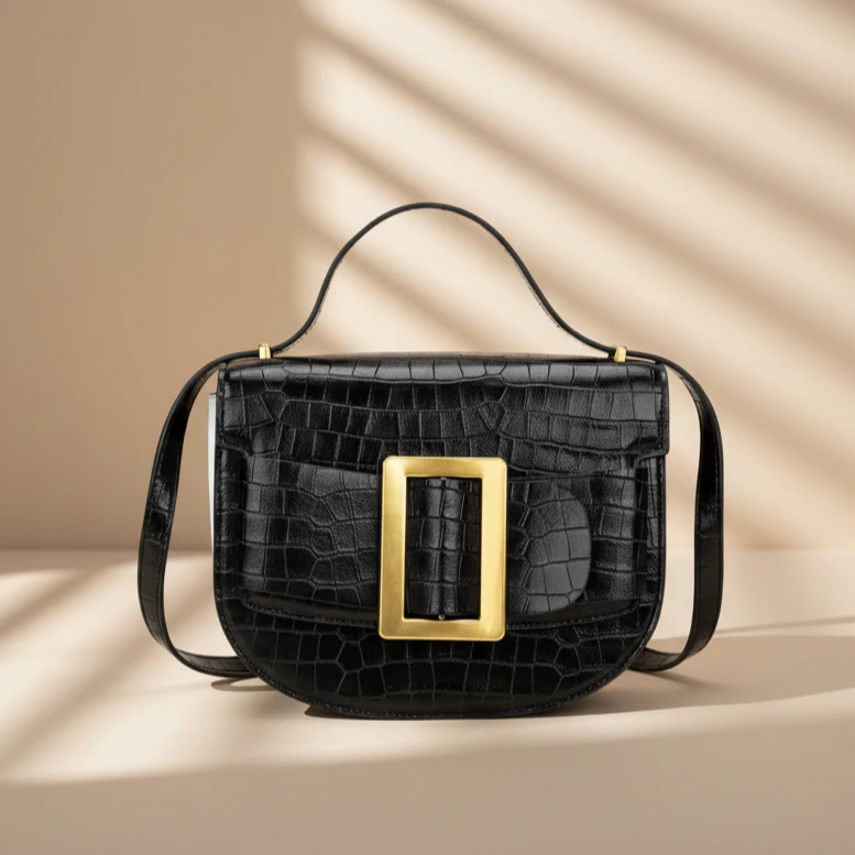 

Crocodile Embossed Saddle Bag for Women, Trendy Aluminum Buckle Shoulder Crossbody Purse, Versatile Elegant Minimalist Handbag