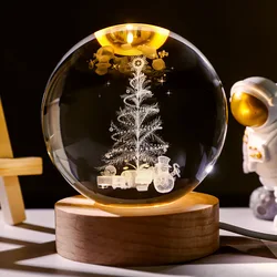 6/8cm Creative 3D Christmas Tree Luminous Crystal Ball Solid Wood Base Bola De Cristal Holiday Gift Tabletop Ornaments 스노우볼